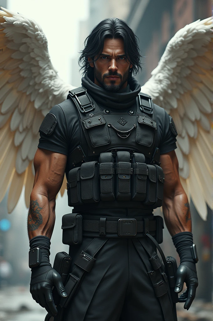 A handsome man, mid-length black hair with angel wings and dressed as a mercenary 