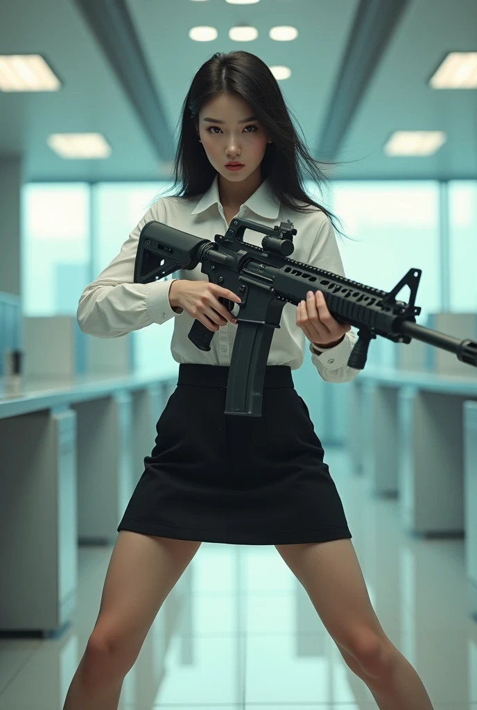 beautiful chinese office lady mini skirt white shirt realistic long machine gun toting real person legs spread apart standing rampage shooting side target facing 


