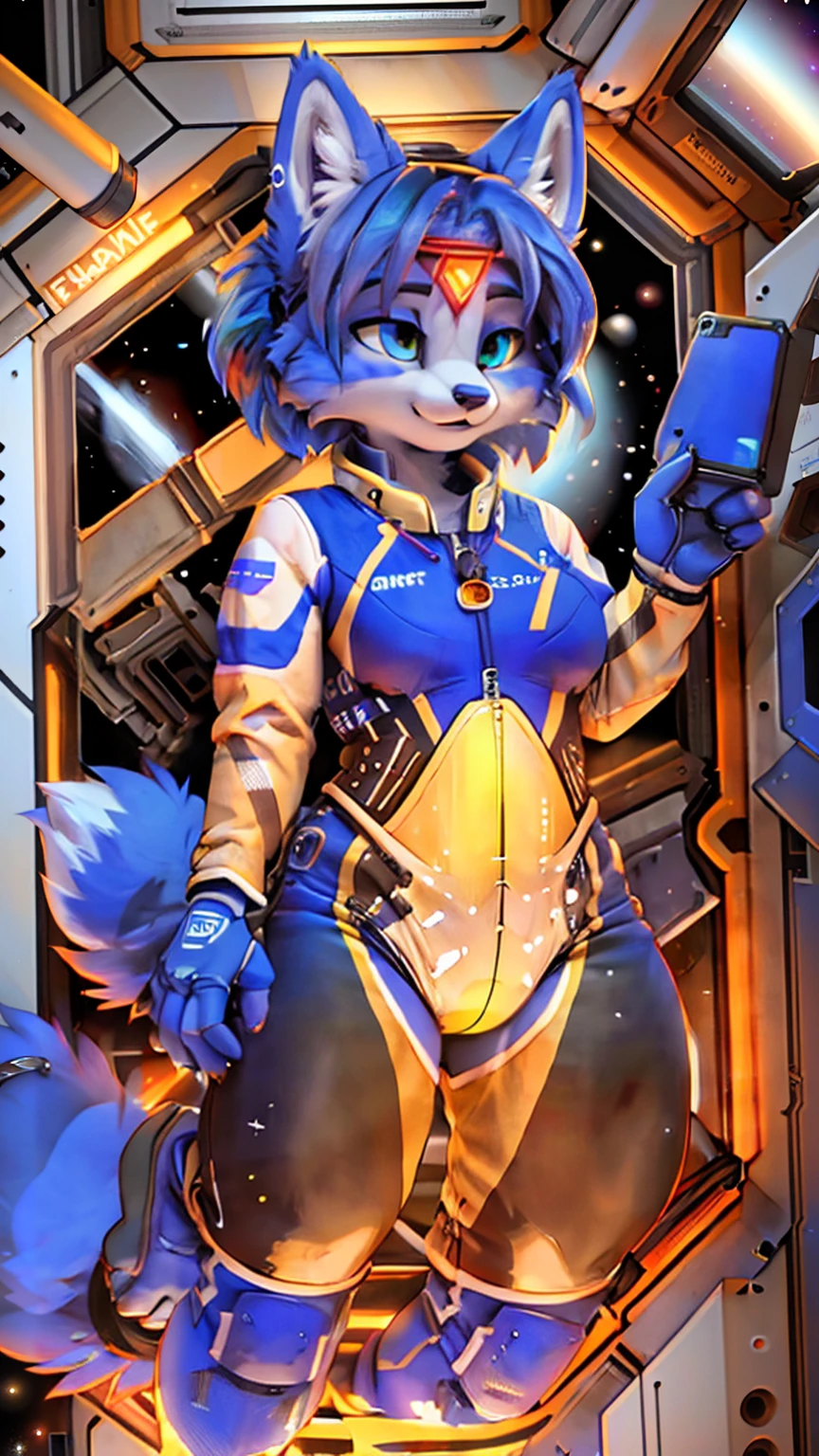 a picture of ((krystal)), Star Fox krystal, sslim, lovable, green eyes, medium breasts, (((Long blue hair 1.3))), Decollete, anthro, furry, Uploaded E621, detailed fluffys fell, (von Fluff-Kevlar, Bayard Wu, Pino Daeni), detailed face, (fluffy), 1 girl, alone, sweet girl, (((hole body))), (((trägt einen gepanzertzen lila spacesuit:1.3))), (((floating in space))), galaxy, spacesuit,