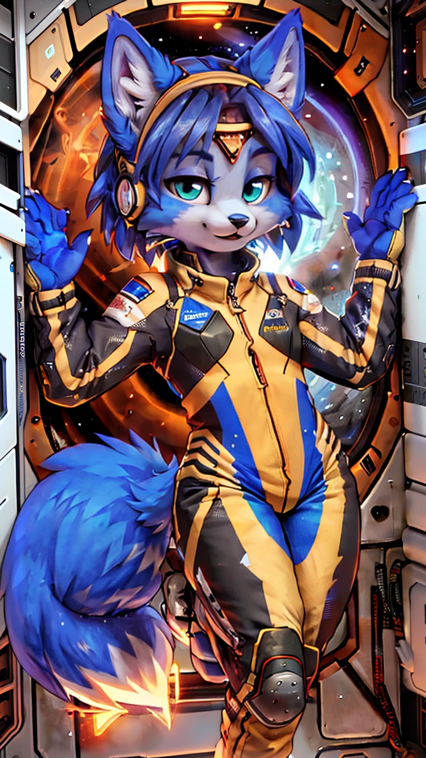 a picture of ((krystal)), Star Fox krystal, sslim, lovable, green eyes, medium breasts, (((Long blue hair 1.3))), Decollete, anthro, furry, Uploaded E621, detailed fluffys fell, (von Fluff-Kevlar, Bayard Wu, Pino Daeni), detailed face, (fluffy), 1 girl, alone, sweet girl, (((hole body))), (((trägt einen gepanzertzen lila spacesuit:1.3))), (((floating in space))), galaxy, spacesuit,