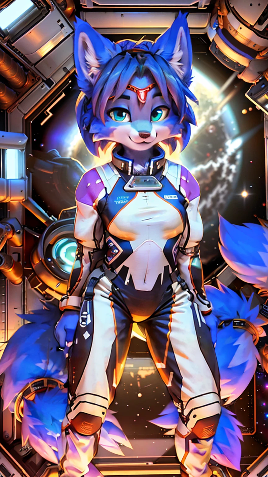 a picture of ((krystal)), Star Fox krystal, sslim, lovable, green eyes, medium breasts, (((Long blue hair 1.3))), Decollete, anthro, furry, Uploaded E621, detailed fluffys fell, (von Fluff-Kevlar, Bayard Wu, Pino Daeni), detailed face, (fluffy), 1 girl, alone, sweet girl, (((hole body))), (((trägt einen gepanzertzen lila spacesuit:1.3))), (((floating in space))), galaxy, spacesuit,