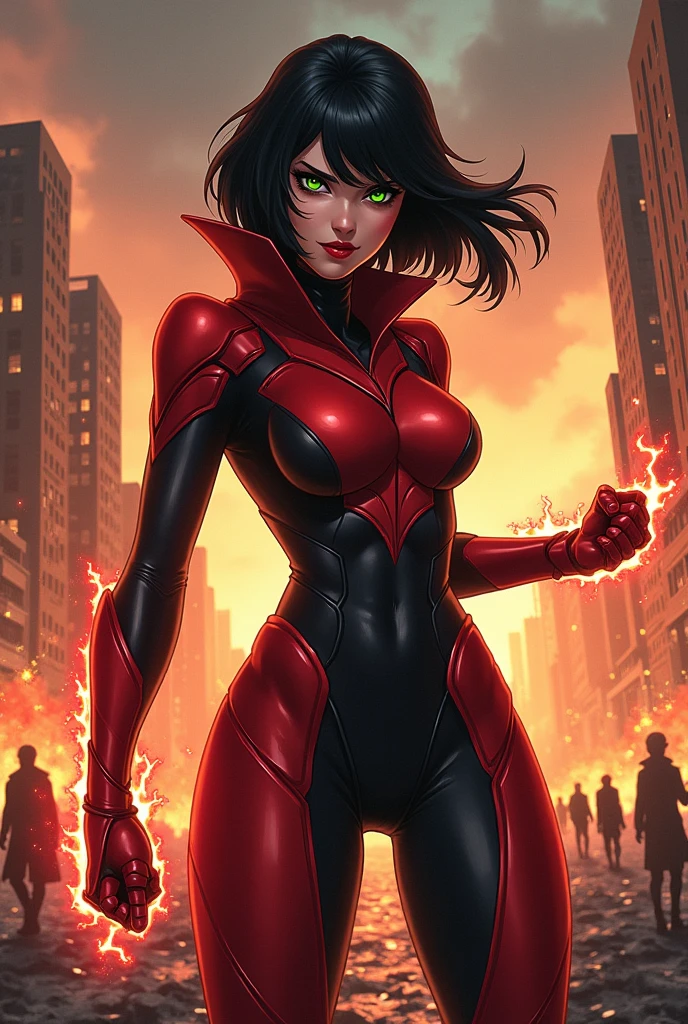 Anime style. Black haired with a layered bob, green eyed supervillain wearing a red and black skintight power armor and wielding immense energy powers, standing triumphant in the still burning ruins of New York. An evil smirk crosses her thin glossy red lips. People in the background are dying.