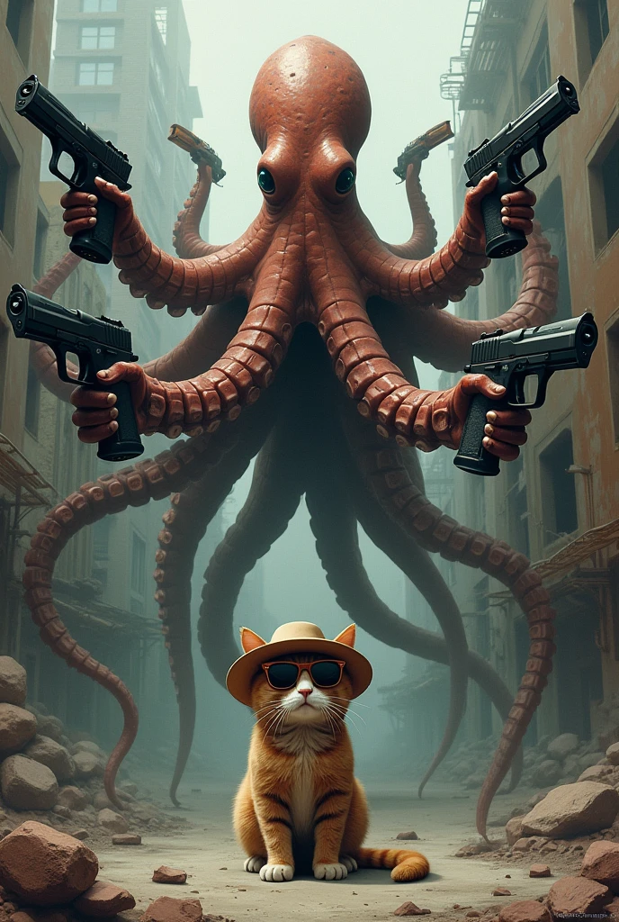 Menacing Octopus with 8 guns holding by 8 tentacles in front of a very chill sunglass and hat wearing cat where the background is a dystopian abandoned city