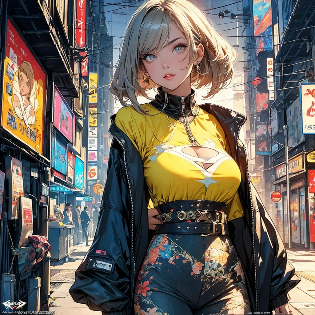 (masterpiece, highest quality), 32K,(highly detailed beautiful woman), poster,SF,1960s,1970s,bauhaus, shape, abstract,movie poster, vintage,retro,futuristic anime,ultimate map,highlight,highly detailed glowing eyes,cleavage,complicated pattern,Stylish hairstyle,fluorescence((yellow clothes)),Starry Sky,Cyberpunk street fashion,