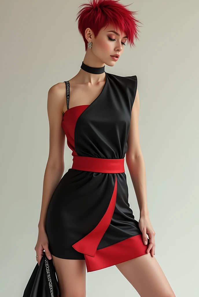 gorgeous woman, red hair, pixie cut, short black and red asymmetric dress, full body shot