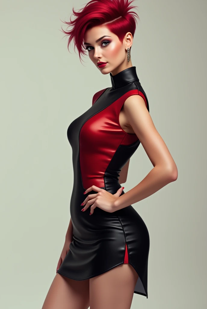 gorgeous woman, red hair, pixie cut, short black and red asymmetric dress, full body shot