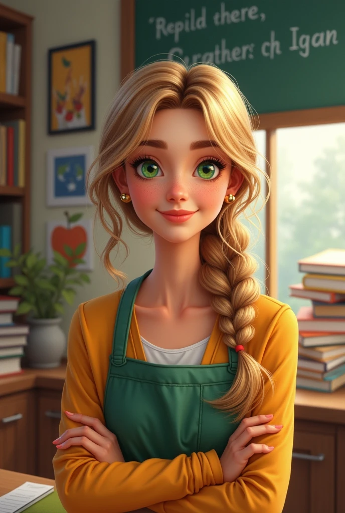a teacher with highlights in her hair, green eyes and chubby
