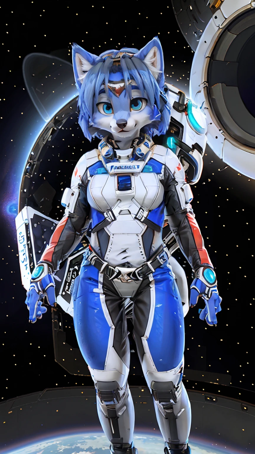 a picture of ((krystal)), Star Fox krystal, sslim, lovable, green eyes, medium breasts, (((Long blue hair 1.3))), Decollete, anthro, furry, Uploaded E621, detailed fluffys fell, (von Fluff-Kevlar, Bayard Wu, Pino Daeni), detailed face, (fluffy), 1 girl, alone, sweet girl, (((hole body))), (((trägt einen gepanzertzen lila spacesuit:1.3))), (((floating in space))), galaxy, spacesuit,