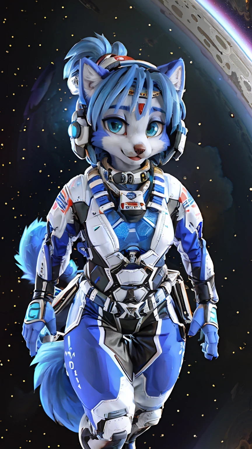 a picture of ((krystal)), Star Fox krystal, sslim, lovable, green eyes, medium breasts, (((Long blue hair 1.3))), Decollete, anthro, furry, Uploaded E621, detailed fluffys fell, (von Fluff-Kevlar, Bayard Wu, Pino Daeni), detailed face, (fluffy), 1 girl, alone, sweet girl, (((hole body))), (((trägt einen gepanzertzen lila spacesuit:1.3))), (((floating in space))), galaxy, spacesuit,