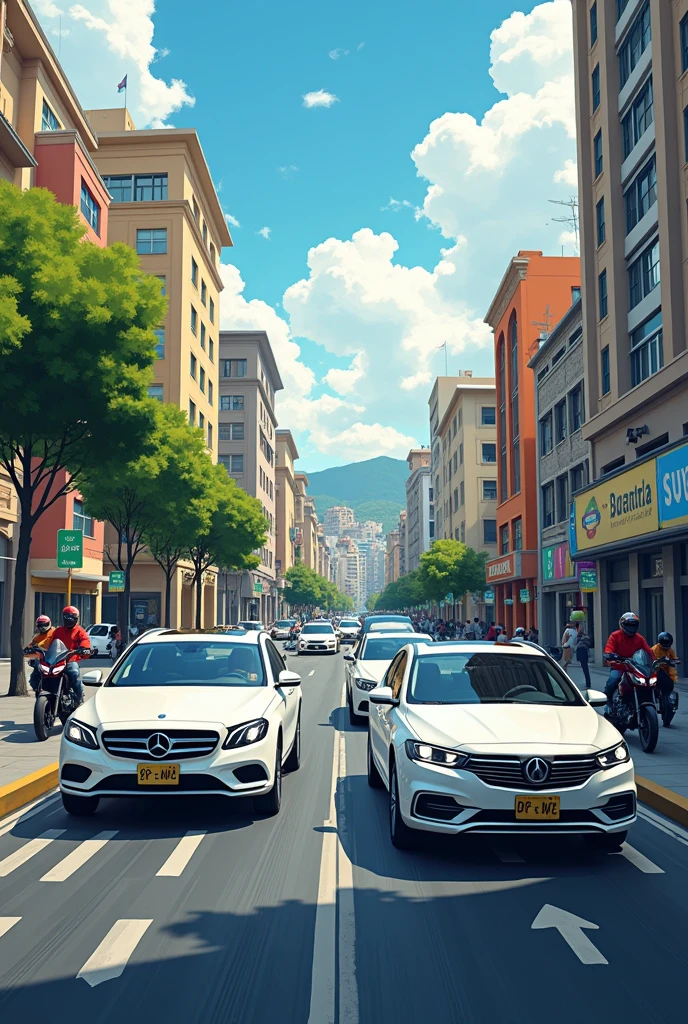 bogota city driving school, Latest model cars and motorcycles in white, in the city with good lighting, traffic signs in spanish, pedestrians, streets, cars motorcycles, city of bogota colombia