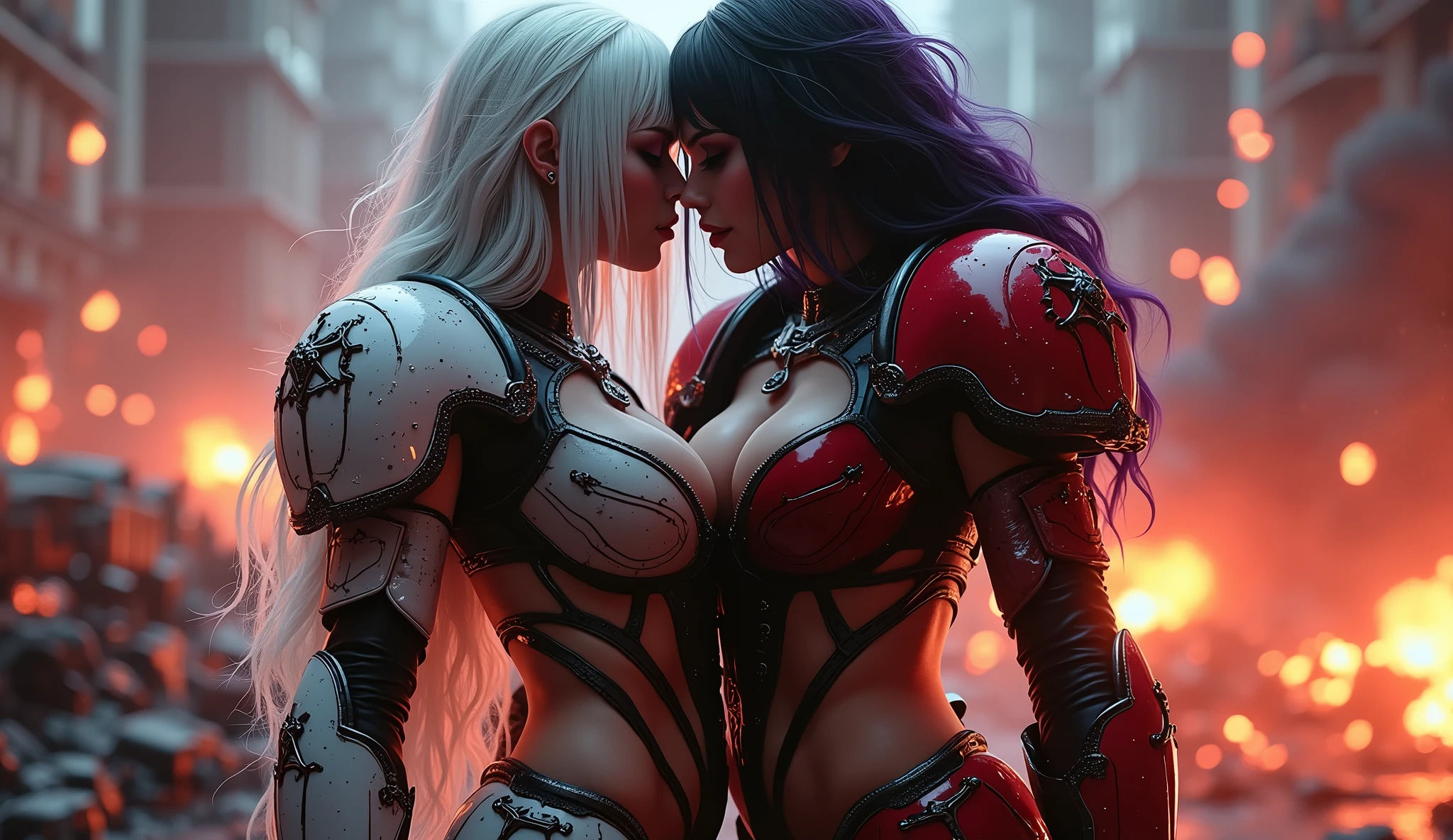 Full body pose sexy sisters of battle from the warhammer 40k, kissing and hugging, red space marine armor with intricate details, white space marine armor with intricate details, symbols on the armor, sisters of battle, warhammer 40k, Massive exposed silicone breast, pale skin, seductive, temptation, eat your soul, clevage, long white flowing hair, long black flowing hair with purple highlights, heavy gothic makeup, at night, neon, beautiful detailed eyes, beautiful detailed lips, extremely detailed eyes and face, long eyelashes, highly detailed space marine armor, intricate futuristic laser weaponry, dramatic lighting, cinematic composition, muted color palette, gritty and realistic, mecha, science fiction, hyper-detailed, photorealistic, award winning digital art, 8k, HDR, masters work, in the middle of a battle field, explosions and fire around, full war, stunning, Stilleto heels, high heels, full body pose, cinematic, movie trailer, nemesis, dust and debree, fanatic, religious, sisters of battle, warhammer 40k, bimbo gigantic exposed breast, kissing, stilleto heels, cinematic light, cameltoe pussy, beautiful pussy, wet pussy, wet body, oiled body, gigantic breast, dynamic super sexy dynamic pose, sisters of battle from the warhammer 40K, passionate kissing, seductive, one night stand, working as whores
