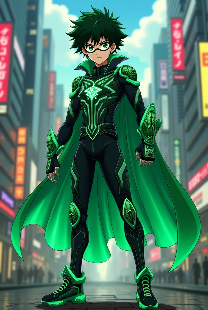 Can you create me a superhero costume for Izuku Midoriya, a new and unique and cool one? 