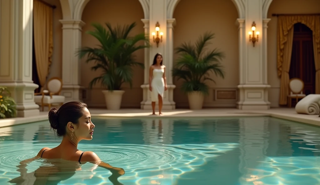 in a mansion, in the pool, a woman, on the edge of the pool a man, smiling, cinematic, realistic, 4k
