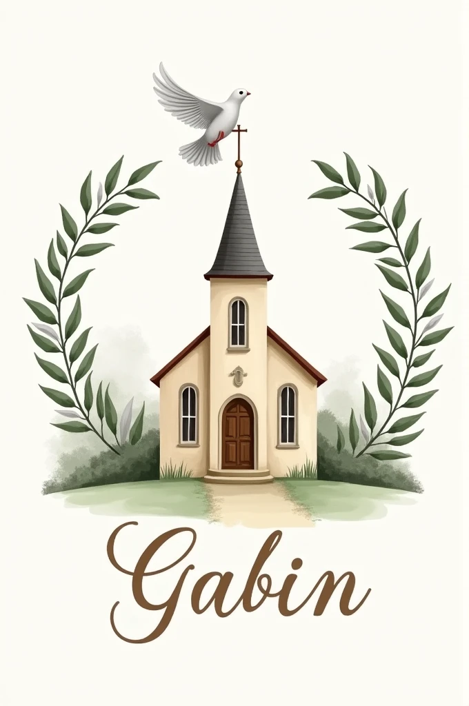 Créez une illustration représentant une charmante église avec un clocher classique et des fenêtres en arc, entourée d’une couronne décorative faite de branches d’olivier. Au-dessus de l’église, incluez une colombe en vol, symbolisant la paix et la pureté. En bas de la couronne, incorporez la phrase française “le baptême de Gabin ,” avec une belle écriture stylisée suggérant que cette image célèbre le baptême de Gabin. Le design global doit évoquer un sentiment de tradition et de célébration sereine, couleurs pastel 