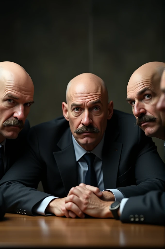 5 man facial features with mustache bald on head in middle on side hair sitting at a table with nervous expression on face