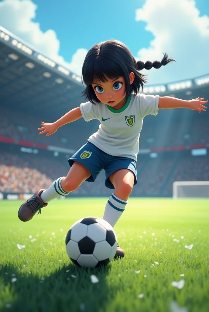 (whole body、from the front)、((One Girl:1.2、Little:1.2))、Black Hair、Big Blue Eyes、Braided Bob、Decisive moment、Kicking a soccer ball with one's right foot:1.2、(motion-blur:1.5, A shaking ball and the right foot:1.5)、The background is a football stadium
