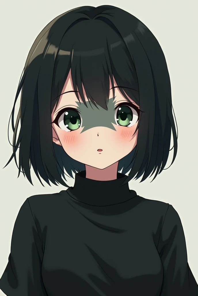 Girl, like , short straight black hair to mid-neck, dark green eyes, wears black puffy casual clothes, In the middle of his face he has a gray scale. anime style.