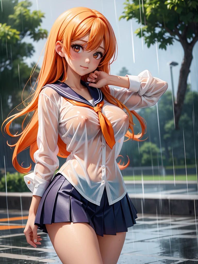 Beautiful anime girl. Orange hair. Sailor fuku uniform. Large breasts, unbuttoned shirt hanging off the shoulders. Short skirt. Raining. Downpour. Caught in the rain. Wet clothing. Wet skin. See through clothing. No bra. visible nipples. Schoolyard. school oval. 