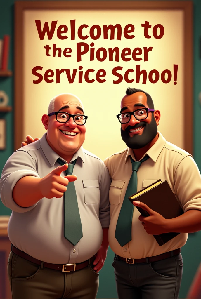Clear, Let's adjust the description to include a Nordic character:
**Poster Description:**
1. **Main characters**:
- **first man**: calvo,Without beard ,about 50 years old, like light skin, Glasses , slightly overweight. He wears a shirt and tie, and holds a Bible.
- **Second Man**: calvo, Without beard, with more Mediterranean characteristics. Tiene piel un poco más oscura y Glasses. He also wears a shirt and tie, and holds a Bible.
2. **action**:
- Both men are enthusiastically pointing at an invitation sign that is in the center of the poster.
3. **Invitation Poster**:
- The poster has the text in Spanish: "Welcome to the Pioneer Service School" in big, friendly letters.
4. **bottom**:
- A simple background that suggests an educational environment, like a wall with bookshelves or a cozy classroom.
5. **style**:
- The style is vibrant and cartoony in the style of Pixar, with bright colors and warm expressions that convey a cozy and cheerful feeling.
This approach ensures that both characters are distinct and representative., keeping the friendly essence of the poster.