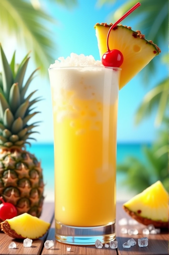 Create image with this recipe 5. Piña Colada 🍍
Ingredientes:

50 ml de rum branco 🥥
50 ml de leite de coco
100 ml de suco de abacaxi 🍍
Gelo ❄️