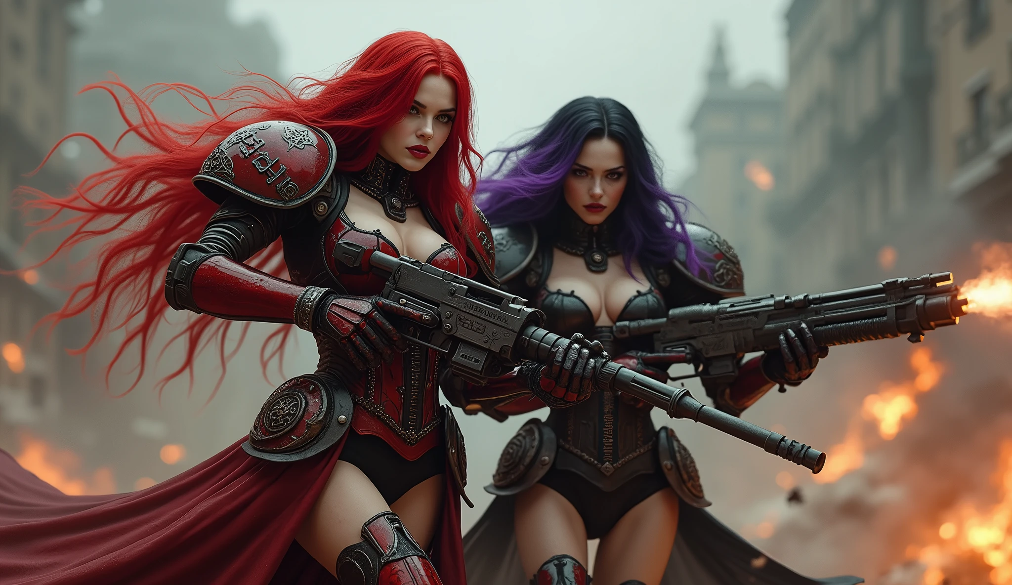 Full body pose sexy sisters of battle from the warhammer 40k, shooting at the enemy, red space marine armor with intricate details, black space marine armor with intricate details, symbols on the armor, sisters of battle, warhammer 40k, Massive exposed silicone breast, pale skin, seductive, temptation, eat your soul, clevage, long red flowing hair, long black flowing hair with purple highlights, heavy gothic makeup, at night, neon, beautiful detailed eyes, beautiful detailed lips, extremely detailed eyes and face, long eyelashes, highly detailed armor, intricate futuristic weaponry, dramatic lighting, cinematic composition, muted color palette, gritty and realistic, mecha, science fiction, hyper-detailed, photorealistic, award winning digital art, 8k, HDR, masters work, in the middle of a battle field, full body combat action pose, explosions and fire around, full war, stunning, Stilleto heels, high heels, full body pose, cinematic, movie trailer, final stand!, nemesis, ready to strike, dust and debree, combat screams, attacking, shooting at the enemy, running forward, last line of defense, charging, fanatic, religious, templar knights, sisters of battle, warhammer 40k, shooting at the enemy, bimbo gigantic exposed breast, jetpacks, space marine, stilleto heels, cinematic light, cameltoe pussy, beautiful pussy, wet pussy, wet body, oiled body, gigantic breast, dynamic super sexy combat action pose, sisters of battle from the warhammer 40K