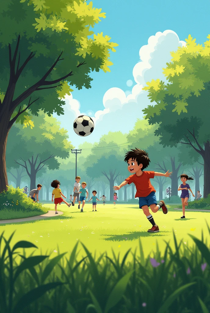 A peaceful park scene with children playing, trees swaying gently in the breeze, and a young boy kicking a soccer ball too hard. The ball is captured mid-air, heading towards the busy street, with the boy's expression changing from excitement to worry.