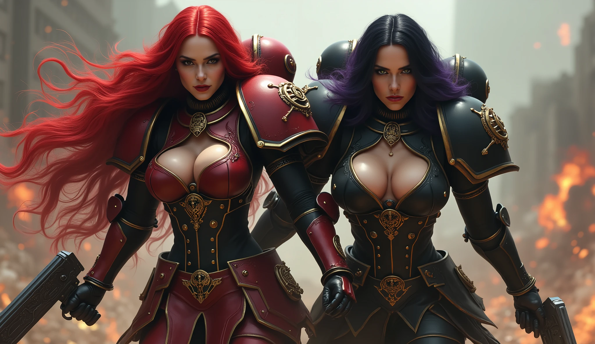 Full body pose sexy sisters of battle from the warhammer 40k, shooting at the enemy, red space marine armor with intricate details, black space marine armor with intricate details, symbols on the armor, sisters of battle, warhammer 40k, Massive exposed silicone breast, pale skin, seductive, temptation, eat your soul, clevage, long red flowing hair, long black flowing hair with purple highlights, heavy gothic makeup, at night, neon, beautiful detailed eyes, beautiful detailed lips, extremely detailed eyes and face, long eyelashes, highly detailed armor, intricate futuristic weaponry, dramatic lighting, cinematic composition, muted color palette, gritty and realistic, mecha, science fiction, hyper-detailed, photorealistic, award winning digital art, 8k, HDR, masters work, in the middle of a battle field, full body combat action pose, explosions and fire around, full war, stunning, Stilleto heels, high heels, full body pose, cinematic, movie trailer, final stand!, nemesis, ready to strike, dust and debree, combat screams, attacking, shooting at the enemy, running forward, last line of defense, charging, fanatic, religious, templar knights, sisters of battle, warhammer 40k, shooting at the enemy, bimbo gigantic exposed breast, jetpacks, space marine, stilleto heels, cinematic light, cameltoe pussy, beautiful pussy, wet pussy, wet body, oiled body, gigantic breast, dynamic super sexy combat action pose, sisters of battle from the warhammer 40K