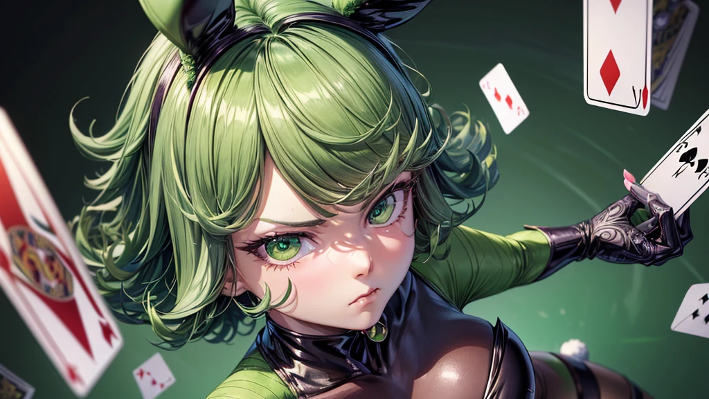 (high res, 8K, masterpiece, looking at viewer, best quality, very aesthetic, ultra detailed, ultra background, ultra Eyes) intricate details, 1girl, Tatsumaki, Dark Bunny Suit, Rabbit tail, rabbit ears, Stockings, green short hair, green eyes, Angry face, Standing holding poker cards, Background Casino, Cinematic Angle