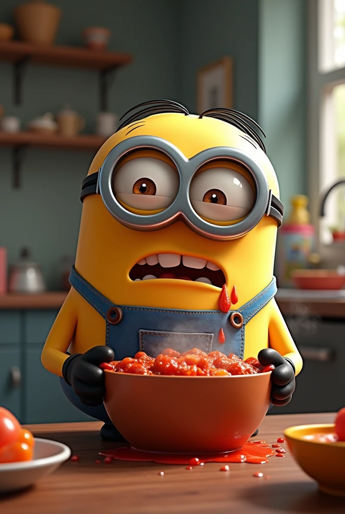 Minion Kevin standing in front of the kitchen, struggling with a pot of sauce that thickened and overflowed.