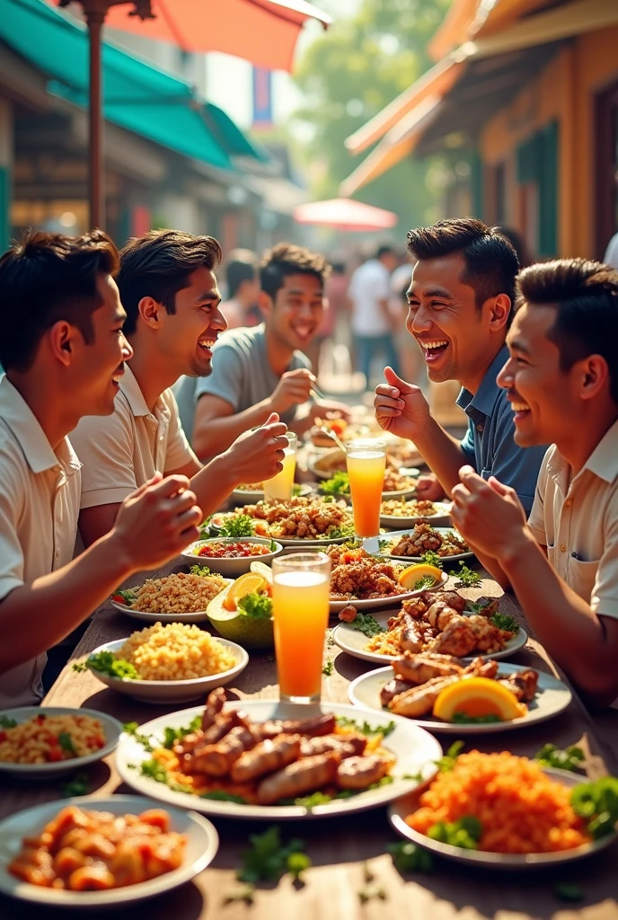 Philippines handsome male friends foodtrip, people feast, eating