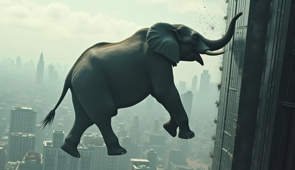a majestic elephant plummeting from the top of a towering skyscraper, photorealistic, cinematic composition, dramatic lighting, stunning details, epic scale, thrilling motion blur, splashing water, crumbling architecture, urban landscape, sense of danger and scale, (best quality,4k,8k,highres,masterpiece:1.2),ultra-detailed,(realistic,photorealistic,photo-realistic:1.37),cinematic composition,dramatic lighting,epic scale,cinematic,unreal engine,volumetric lighting,highly detailed,extremely detailed,intricate details,hyper realistic,stunning details,jaw-dropping details,exquisitely detailed