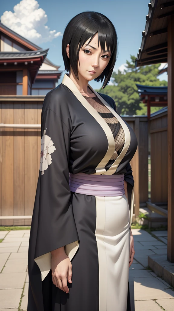 masterpiece, best quality, shizune, black kimono, upper body, looking at viewer, slight smile, large breasts, japanese architecture, outdoors, sky, realistic