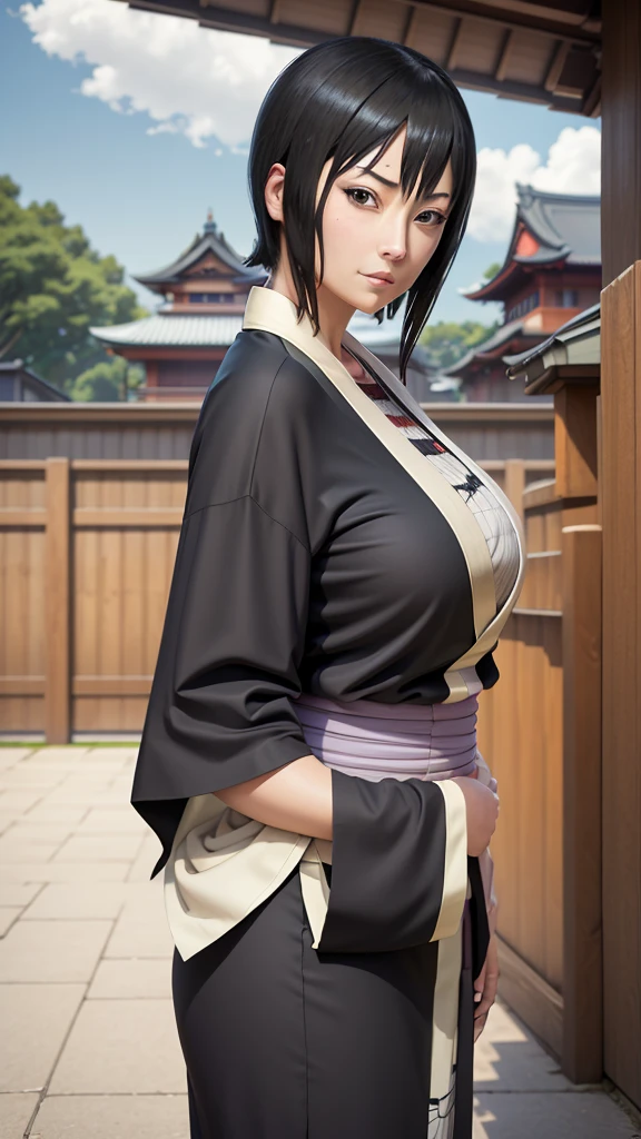 masterpiece, best quality, shizune, black kimono, upper body, looking at viewer, slight smile, large breasts, japanese architecture, outdoors, sky, realistic