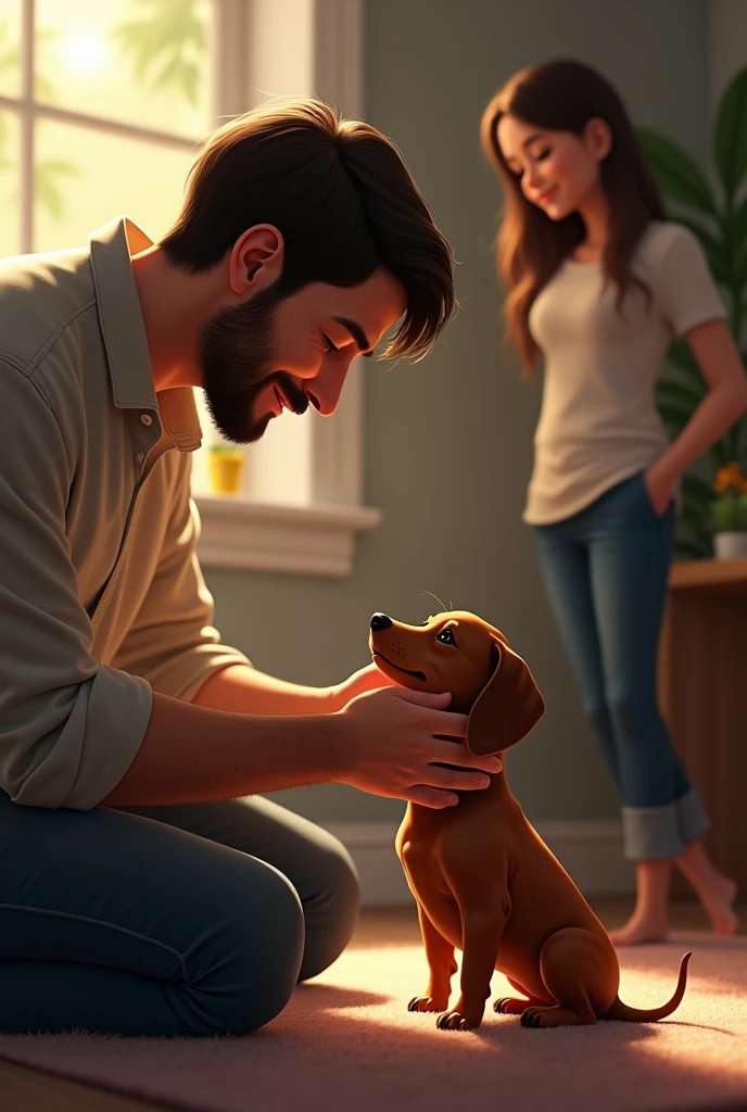 A man kneeling down, looking lovingly at a small Dachshund puppy. In the background, a woman watches with a soft smile, her presence adding warmth and depth to the scene, highlighting the bond between man, woman, and dog. Realistic