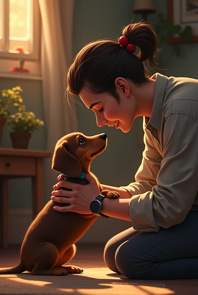 A man kneeling down, looking lovingly at a small Dachshund puppy. In the background, a woman watches with a soft smile, her presence adding warmth and depth to the scene, highlighting the bond between man, woman, and dog. Realistic