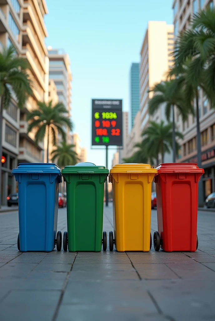 generate an image of 5 recycling bins lined up on a sidewalk in a city in brazil with a scoreboard behind the bins

