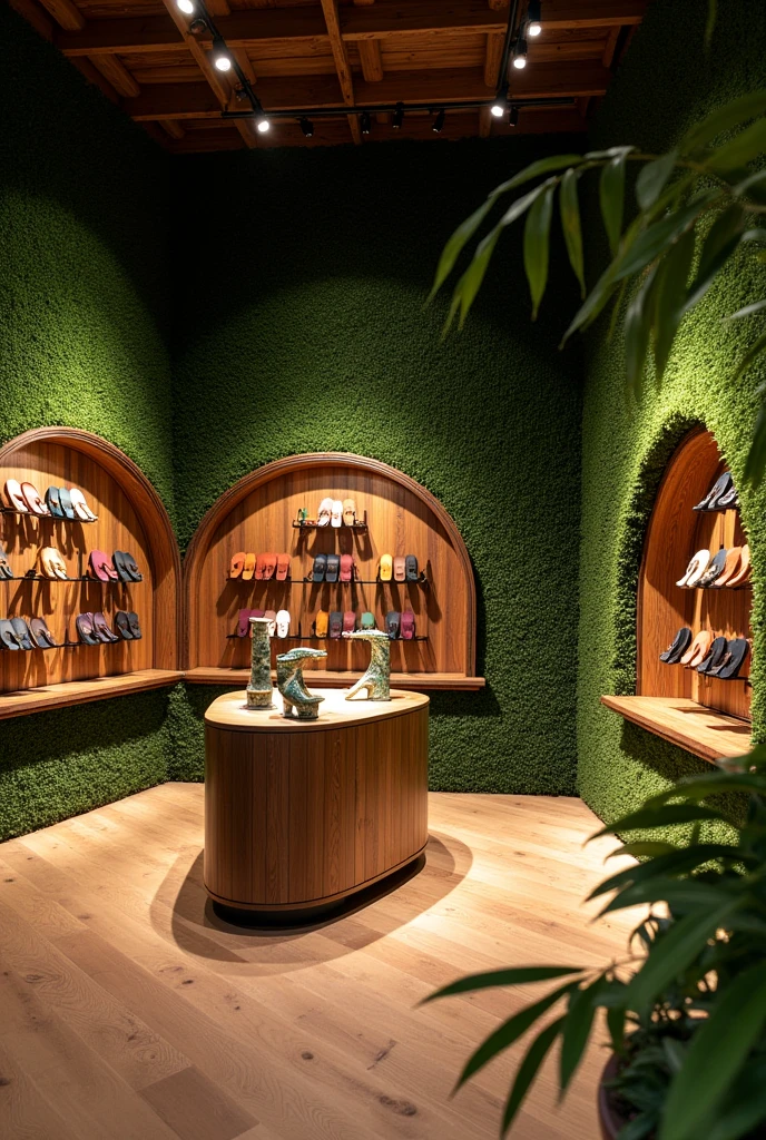 please use the information below to develop an image of an interior space 
for the retail store havaiana 
store concept is an immersive celebration of Brazilian nature, inspired by the Amazon River's flow and lush landscapes. The design emphasizes relaxation,, 
and sustainability, use natural materials like dark timber for the wall mounted display and earth-toned colors like dark olive green, laurel green, russet, and camel brown. use Organic shapes for the flip flop display and the the point of
 sales counter must be at the center and thoughtful lighting evoke please include Artificial plant wall grass wall stickers for decoration