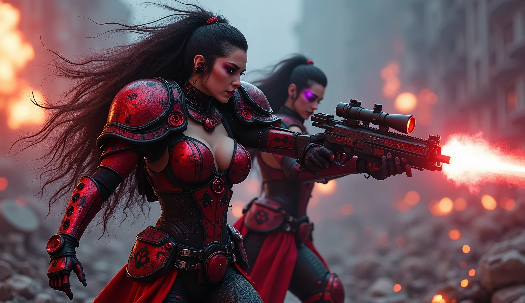 Full body pose sexy sisters of battle from the warhammer 40k, shooting at the enemy, red space marine armor with intricate details, black space marine armor with intricate details, symbols on the armor, sisters of battle, warhammer 40k, Massive exposed silicone breast, pale skin, seductive, temptation, eat your soul, clevage, long red flowing hair, long black flowing hair with purple highlights, heavy gothic makeup, at night, neon, beautiful detailed eyes, beautiful detailed lips, extremely detailed eyes and face, long eyelashes, highly detailed armor, intricate futuristic weaponry, dramatic lighting, cinematic composition, muted color palette, gritty and realistic, mecha, science fiction, hyper-detailed, photorealistic, award winning digital art, 8k, HDR, masters work, in the middle of a battle field, full body combat action pose, explosions and fire around, full war, stunning, Stilleto heels, high heels, full body pose, cinematic, movie trailer, final stand!, nemesis, ready to strike, dust and debree, combat screams, attacking, shooting at the enemy, running forward, last line of defense, charging, fanatic, religious, templar knights, sisters of battle, warhammer 40k, shooting at the enemy, bimbo gigantic exposed breast, jetpacks, space marine, stilleto heels, cinematic light, cameltoe pussy, beautiful pussy, wet pussy, wet body, oiled body, gigantic breast, dynamic super sexy combat action pose
