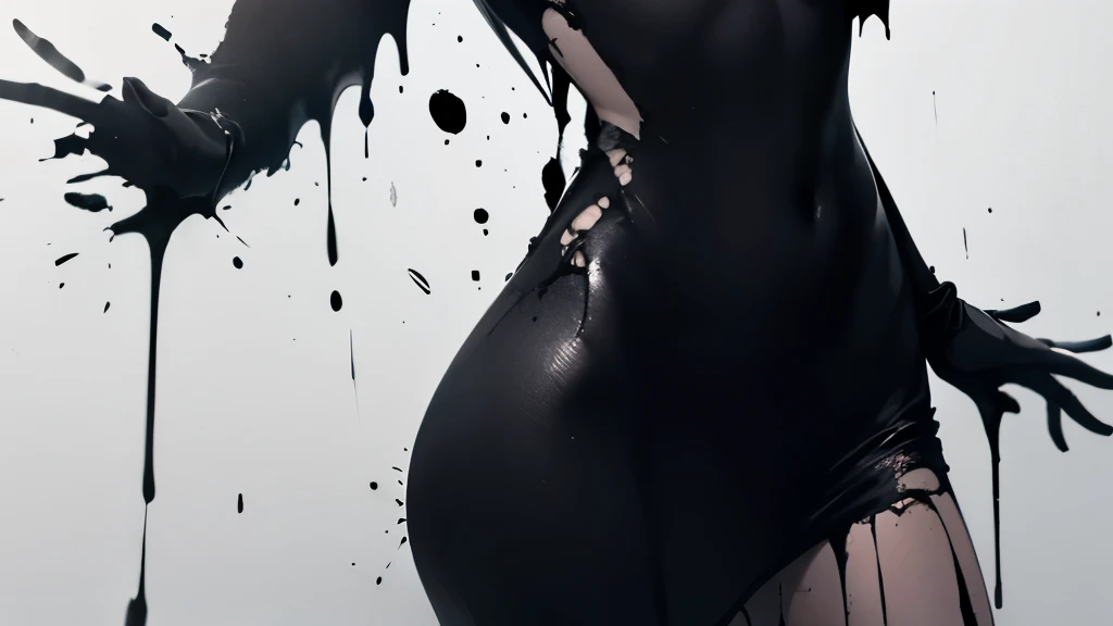 bs, solo, simple background, monochrome, greyscale, bodysuit, black background, 1other, monster, arms at sides, horror (theme) there is a large-breasted woman in the picture with her arms torn off and her face bleeding, ravens flying in the background, stocking, hot lingerie, big boobies, red paint splatted on it