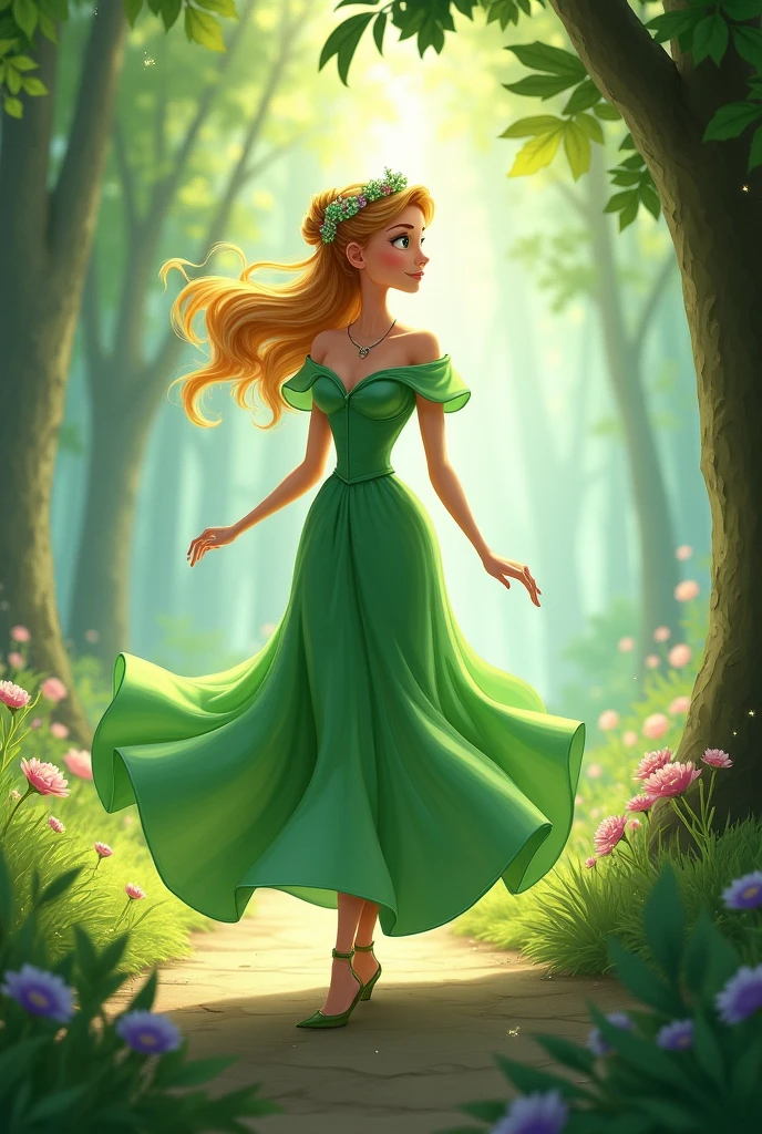 Animated princess in green dress walking