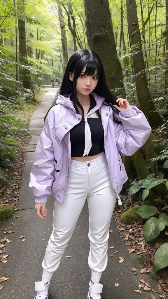 "A young woman doing a cosplay inspired by an anime character. She has long black hair with bangs, white eyes with faint pupils. She is wearing a light purple jacket with white details, black pants, and ninja sandals. She stands in a confident pose in a Japanese-style forest setting with leaves falling around her.