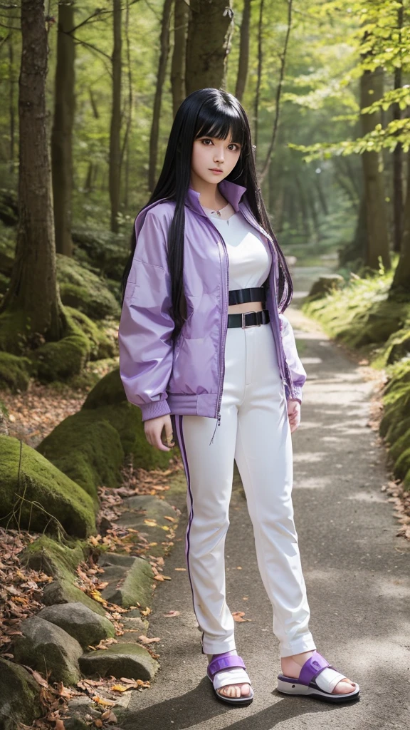 "A young woman doing a cosplay inspired by an anime character. She has long black hair with bangs, white eyes with faint pupils. She is wearing a light purple jacket with white details, black pants, and ninja sandals. She stands in a confident pose in a Japanese-style forest setting with leaves falling around her.