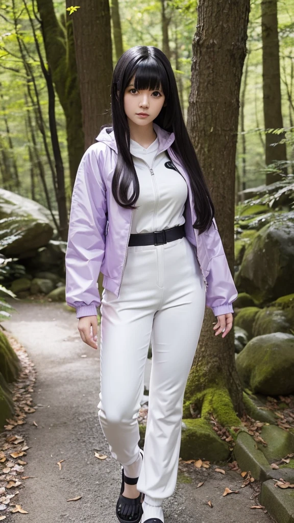 "A young woman doing a cosplay inspired by an anime character. She has long black hair with bangs, white eyes with faint pupils. She is wearing a light purple jacket with white details, black pants, and ninja sandals. She stands in a confident pose in a Japanese-style forest setting with leaves falling around her.