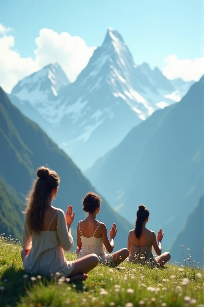 People meditating with pranam mudra on the mountain