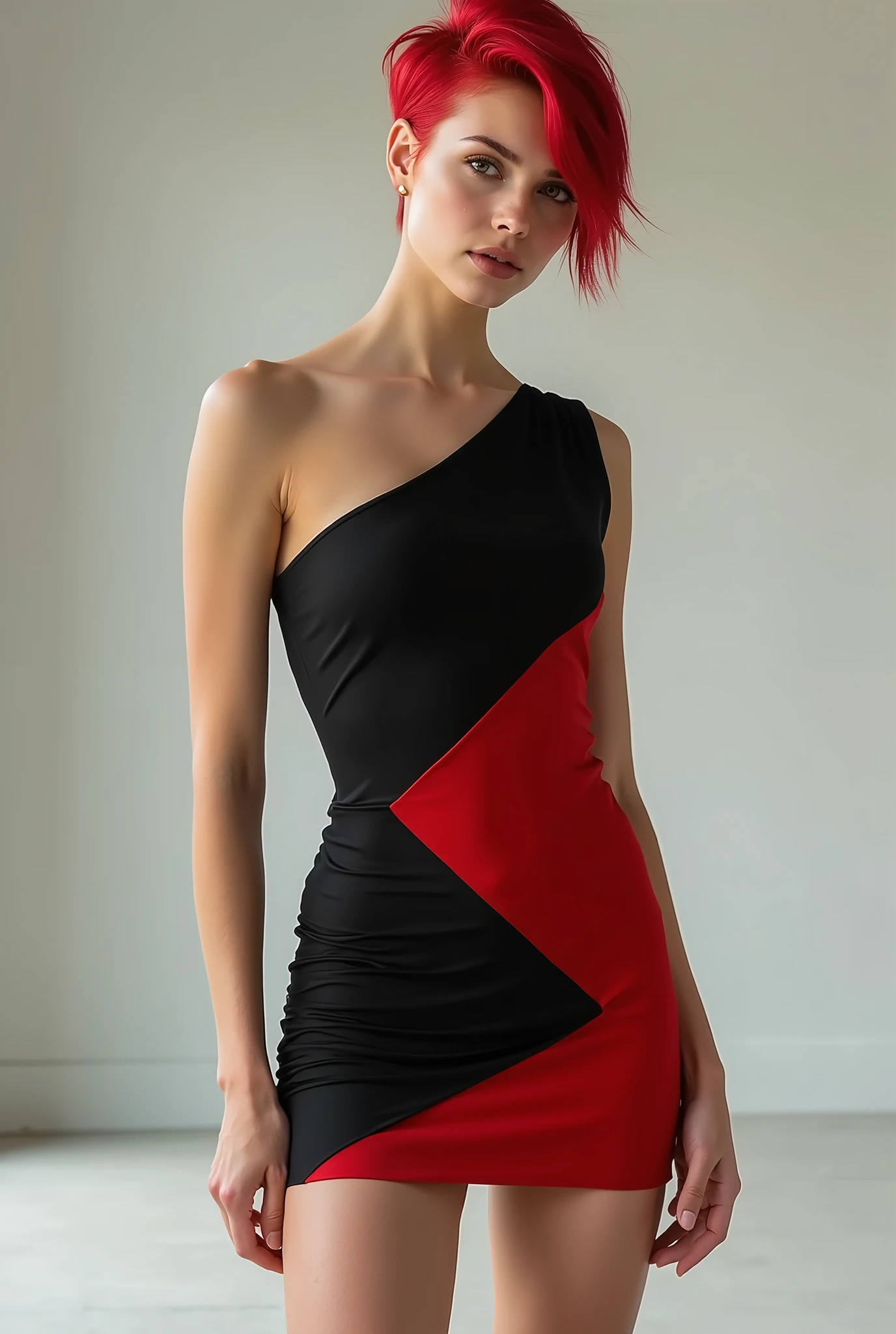 gorgeous woman, red hair, pixie cut, short black and red asymmetric dress, full body shot