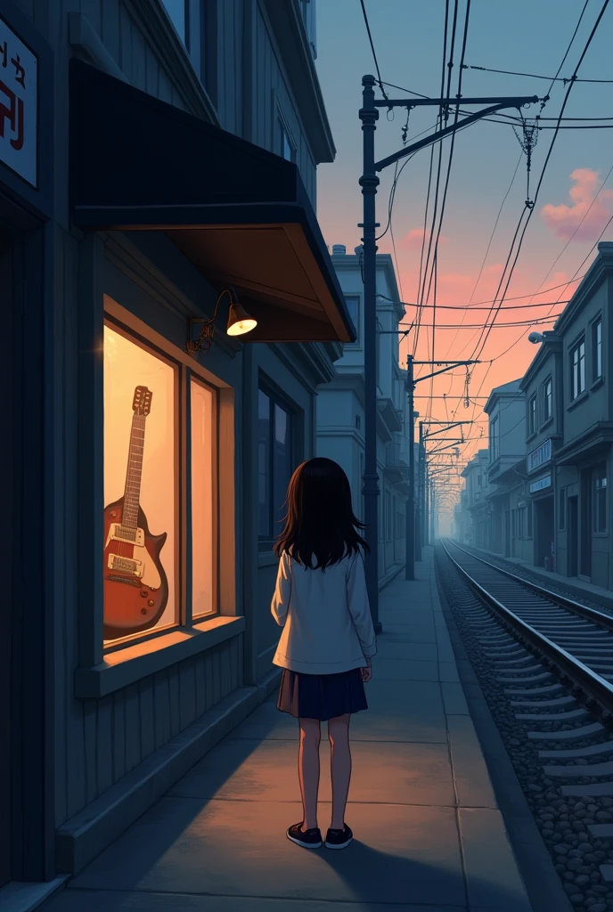 generate an image of a girl looking at a guitar store in a melancholic way, longing to be able to buy a guitar. The girl is standing with her back turned looking at the shop window, Behind her, horizontally, you can see the train tracks. It's 6 am and it's dawning, the store is closed. the street lights remain on. It's a general plan.
