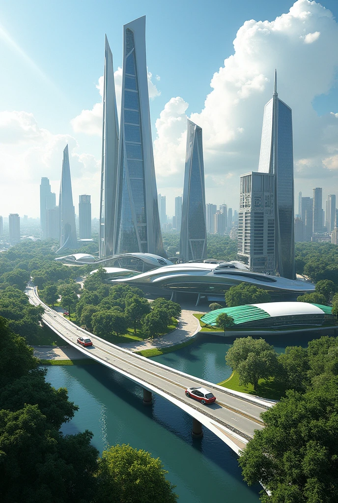 "Create a futuristic overview of Phnom Penh as it might look in 50 years. Imagine a cityscape with advanced architecture, incorporating modern skyscrapers and eco-friendly buildings. Include vibrant green spaces, innovative transportation systems like flying cars or advanced electric vehicles, and a blend of traditional Khmer design elements with cutting-edge technology. The scene should reflect a dynamic and thriving urban environment with a focus on sustainability and technological advancement."