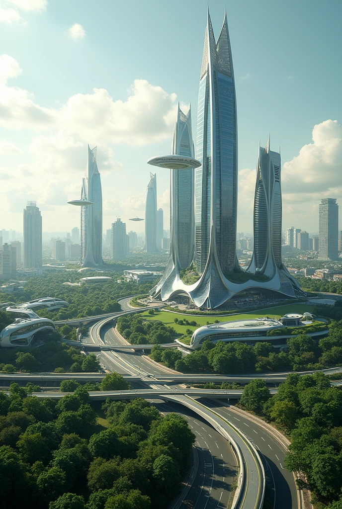 "Create a futuristic overview of Phnom Penh as it might look in 50 years. Imagine a cityscape with advanced architecture, incorporating modern skyscrapers and eco-friendly buildings. Include vibrant green spaces, innovative transportation systems like flying cars or advanced electric vehicles, and a blend of traditional Khmer design elements with cutting-edge technology. The scene should reflect a dynamic and thriving urban environment with a focus on sustainability and technological advancement."
