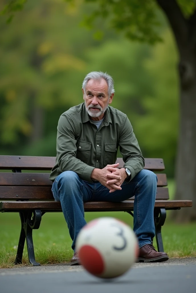 A medium shot of John sitting on a park bench, his body tensing as he notices the ball heading towards the street. His gaze is locked on the ball, his body slightly leaning forward, ready to spring into action.