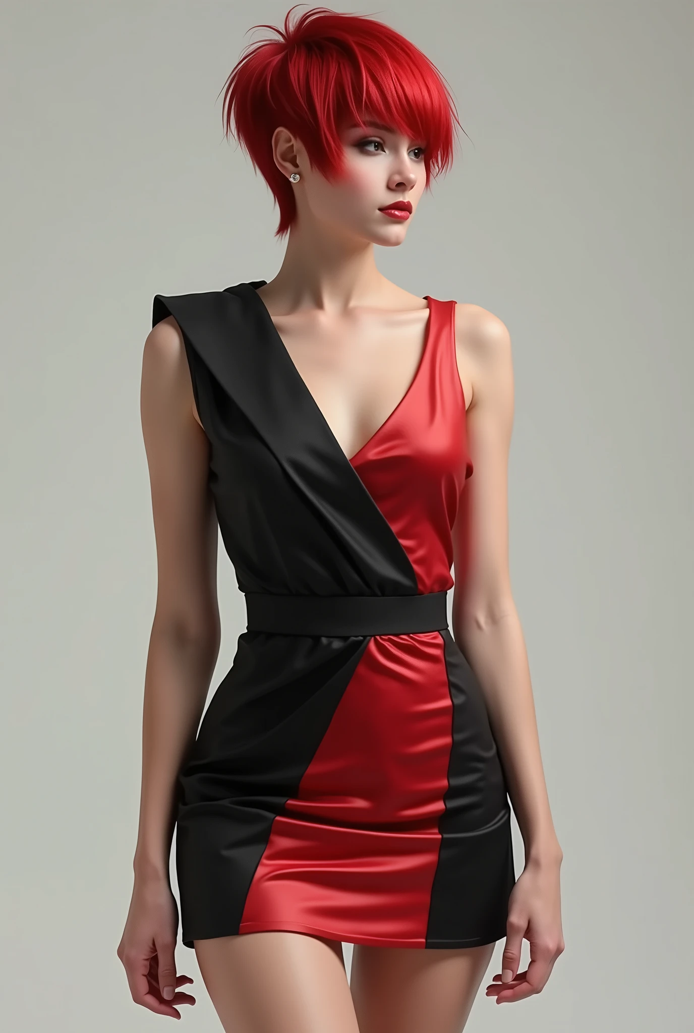 gorgeous woman, red hair, pixie cut, short black and red asymmetric dress, full body shot